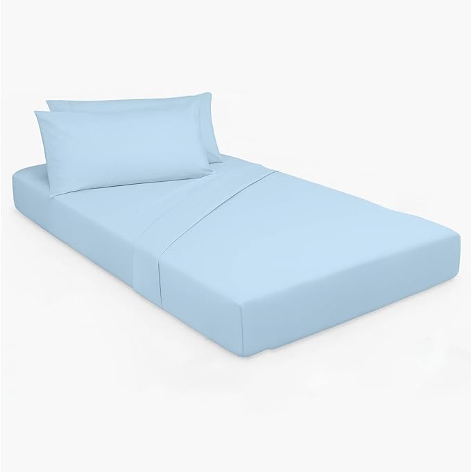 Cot Sheet and Pillow Case 4 Piece Set - 1 cot Fitted Sheet 33" x 75", 1 cot Flat Sheet 64"x 94", 2 Pillow Cases 20"x 30" Perfect for Folding Guest Bed Frame,Rollaway Beds (Light Blue Solid)