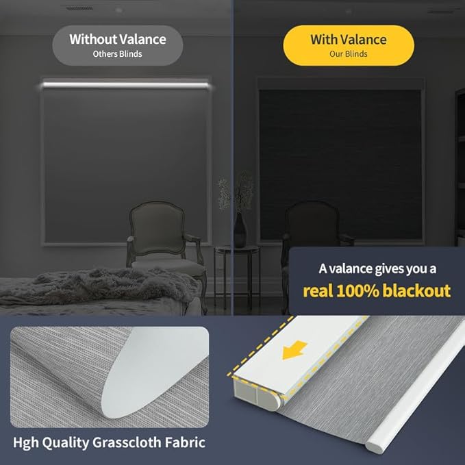 Motorized Smart Blinds With Remote, Grasscloth Fabric Roller Shades With Valance Cover, Cordless Automatic Blackout Electric Blinds for Windows, Gray 47" W x 72" H