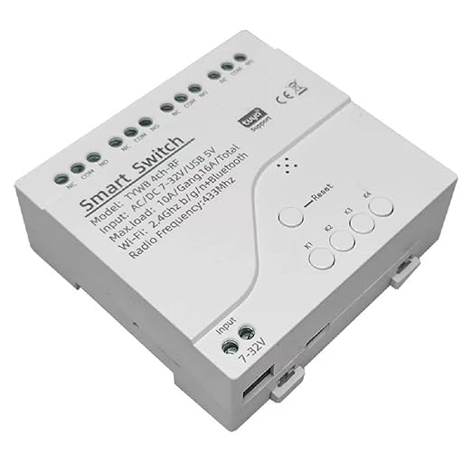 4 Channel Smart WiFi RF Bluetooth Wireless Dry Contact Relay Switch Module,Phone app Remote Control,Compatible with Alexa Google Home (Tuya 4CH 5V AC/DC7-32V)