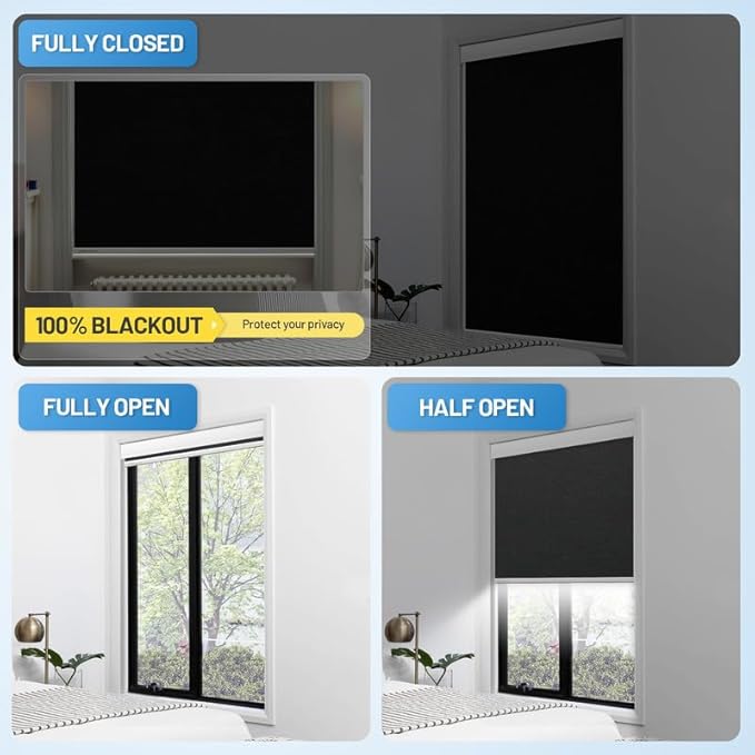 Motorized Blinds with Remote, [Free Solar Panels] Cordless Smart Blinds with Valance Cover, Blackout Electric Blinds with Remote Control, Automatic Roller Shades for Windows Light Black 38" W x 72" H