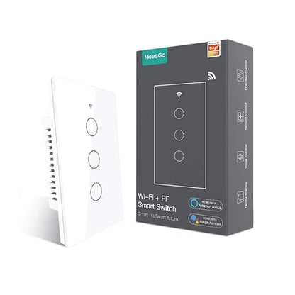 MoesGo 2nd Generation WiFi RF433 Smart Touch Wall Single Fire Smart Switch，No Neutral Wire Needed,Compatible with Smart Life/Tuya App, Works with Alexa and Google Home Single Pole 110V White 3 Gang