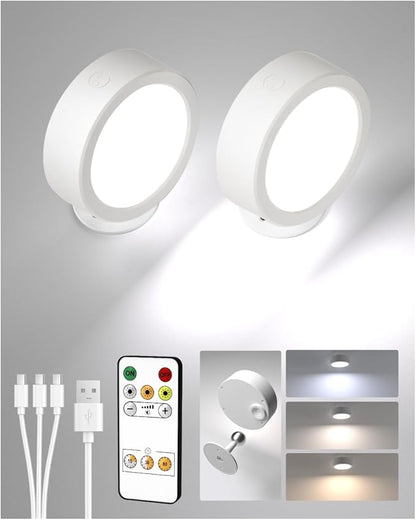 EZVALO LED Wall Mounted Lights, 5500mAh Rechargeable Wall Sconces Lamp, 3 Color Temps & Remote and Touch Control, 360°Rotation Dimmable Cordless Wall Light for Bedroom Reading Study (2 Pack White)