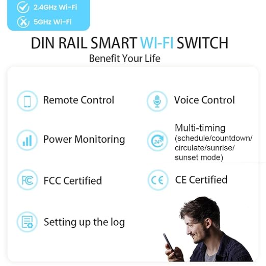DIY 1P+N Smart Wi-Fi Switch, Work with Alexa and Google Assistant for Voice Control, 50A with Energy Monitor, Smart Life/Tuya APP Remote Control, Timer Functions, DIN Rail Mounted,FCC Certified