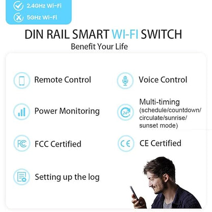 DIY 1P+N Smart Wi-Fi Switch, Work with Alexa and Google Assistant for Voice Control, 16A with Energy Monitor, Smart Life/Tuya APP Remote Control, Timer Functions, DIN Rail Mounted,FCC Certified