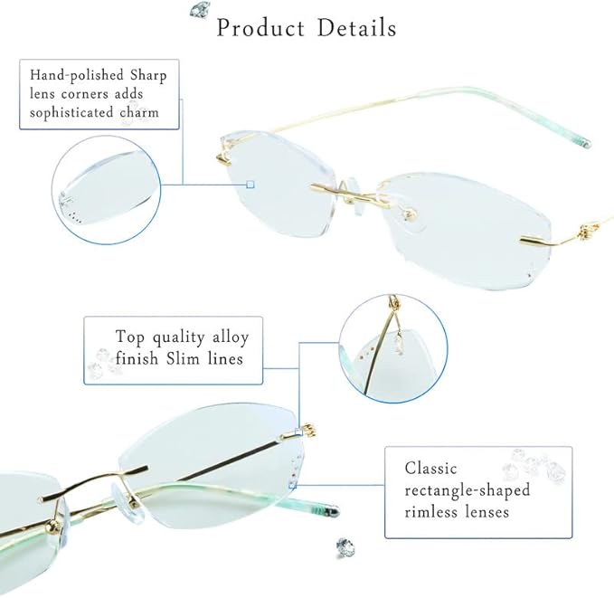 LifeArt Blue Light Blocking Glasses,Computer Reading Glasses,Rimless Frame Tinted Lens with Diamond,Stylish for Women (+3.50 Magnification)