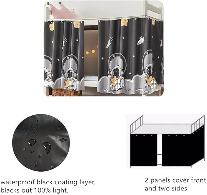 Cute Opaque Bottom Bunk Bed Curtains Privacy Cloth Underbed Curtains for Boys Girls 2 Panels 100% Blackout, Black Sitting Spaceboy