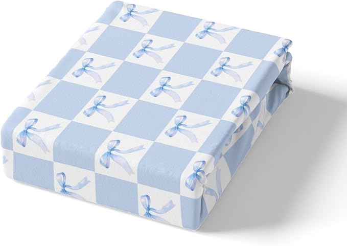 Blue Bowknot Fitted Sheet,Full Size Dreamy Bow Minimalist Grids Plaids Geometric Collections,Princess Style Blue White Bedding Deep Pocket for Children Teens Young with 2 Pillowcases
