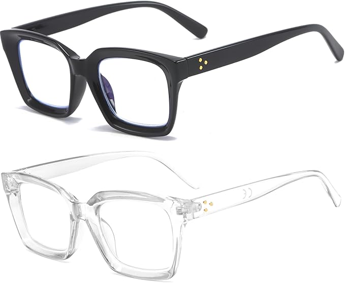 REAVEE 2 Pack Oprah Style Oversized Reading Glasses for Women Men Blue Light Blocking, Ladies Stylish Retro Square Large Computer Readers (Black/Clear 1.0x)