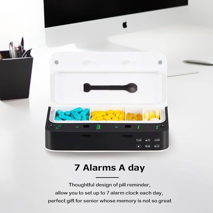 Pill Dispenser with Alarm, Daily Medicine Pill Organizer with up to 7 Alarms A Day,Smart Pill Box 6 Compartments, Christmas Thanksgiving Gift Pill Reminder for Elderly (Blue)