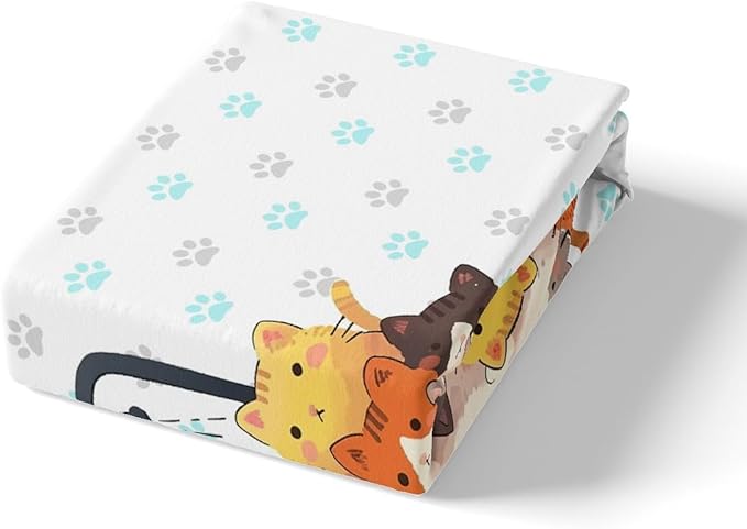 Cartoon Cats Fitted Sheet Twin 2 Pcs,Bathing Cats Watercolor Graffiti Soft Microfiber Sheets Breathable Bedding(No Top Sheet),Grey Blue Cat Paw Print Bedsheet with Deep Pocket
