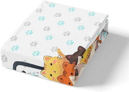 Cartoon Cats Fitted Sheet Twin 2 Pcs,Bathing Cats Watercolor Graffiti Soft Microfiber Sheets Breathable Bedding(No Top Sheet),Grey Blue Cat Paw Print Bedsheet with Deep Pocket