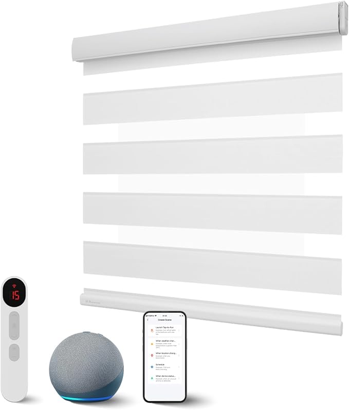 Motorized Zebra Blinds with Remote, Smart Dual Layer Automatic Shades with Privacy Light Control, Cordless Electric Blackout Blind for Indoor Windows, White, 35" W x 72" H