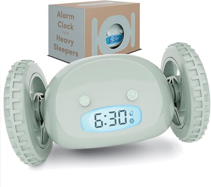 CLOCKY Alarm Clock on Wheels – Loud Rolling Alarm Clock for Heavy Sleepers | Runaway Clock That Jumps & Runs to Wake You Up | Funny Unique Gift for Adults, Teens & Kids Bedrooms (Sage)