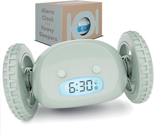 CLOCKY Alarm Clock on Wheels – Loud Rolling Alarm Clock for Heavy Sleepers | Runaway Clock That Jumps & Runs to Wake You Up | Funny Unique Gift for Adults, Teens & Kids Bedrooms (Sage)