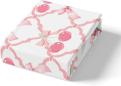 Cherry Bow Fitted Sheet Set with 2 Pillowcase,Sweet Tropical Fruits Dreamy Bowknot Pink White Microfiber Mattress Cover,Fairy Princess Crossed Grids Patchwork Bed Cover Queen Size