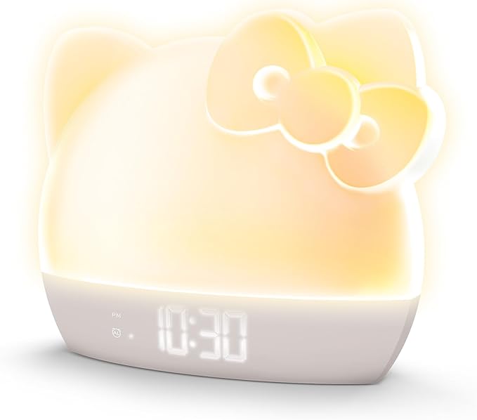 Hello Kitty Sunrise Alarm Clock with Color-Changing RGB LED Night Light – Ambient Lighting, Time/Date/Temperature Display, USB Powered w/Device Charging, White