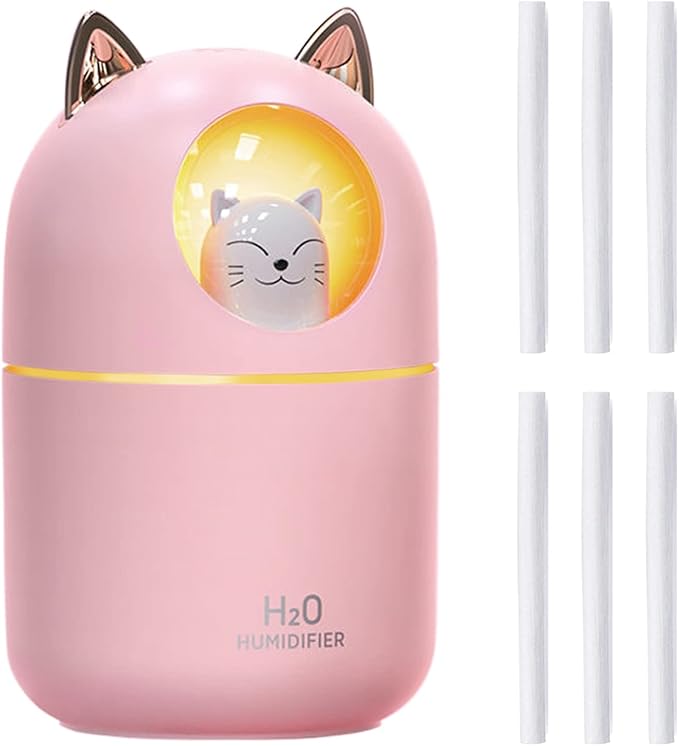 Cute Portable Pink Cool Mist Humidifier with 6 Pcs Filter Cotton Sticks, 7 Color Night Light, USB, for Bedroom, Office, Desk, Car, Travel