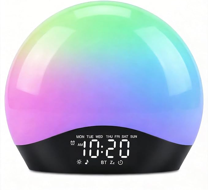 Wake Up Light Sunrise Alarm Clock for Kids, Heavy Sleepers, Bedroom, White Noise Sound Machine with 5W Stereo Bluetooth Speaker, 25 Natural Sounds, Dual Alarms, 17 Color Night Lights, Ideal for Gift
