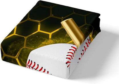 Manfei Baseball Sheet Set King Size, Abstract Geometric Gold Honeycomb Bedding Set for Kids Boys Room Decor, Sports Theme Bed Sheet Set 4pcs with Deep Pocket Fitted Sheet + Flat Sheet + 2 Pillowcases