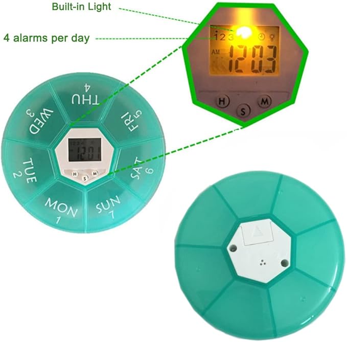 Weekly Pill Dispenser with Alarm, 7-Day Medicine Pill Organizer with up to 4 Alarms Per Day, Portable Smart Pill Box, Pill Reminder Green