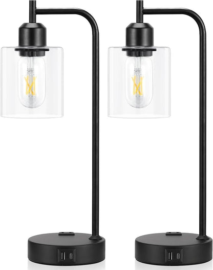 Industrial Touch Table Lamps for Bedrooms Set of 2 - 3-Way Dimmable Nightstand Lamps with USB C+A Ports and Outlet, Black Bedside Lamps with Glass Shade for Living Room, Desk Lamps for Home Office
