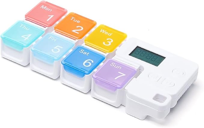 Automatic Pill Dispenser with Built-in Digital Clock & Reminder System Portable 7-Compartment Medicine Organizer with Flexible Design (Multicolor, 7Compartments)
