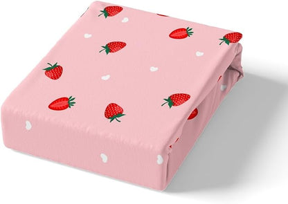Red Strawberry Kids Fitted Sheet Twin Size,Love Heart Sweet Princess Style Bedding Set,Girls Women Room Decor,Tropical Fruits Strawberry Bed Cover,Pink Romantic Bed Sheet,1 Pillowcase