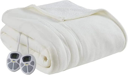 Serta Heated Blanket - Reversible Fleece to Sherpa Electric Blanket, Fast Heating, Auto Shut Off Timer, Multi Heat Setting, ETL Certified, Machine Washable, Ivory King 90"x 100"