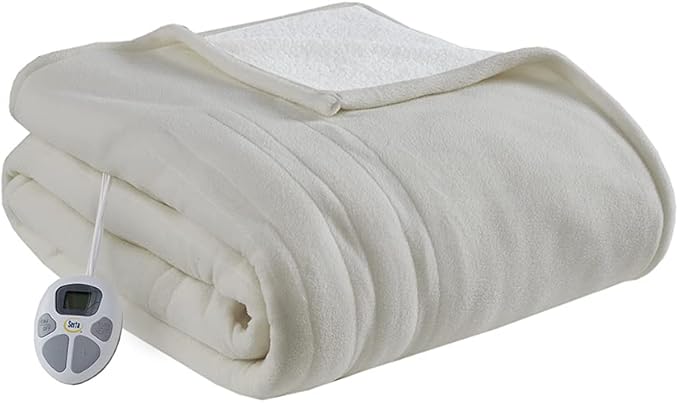 Serta Reversible Fleece to Sherpa Electric Blanket, Fast Heating, Auto Shut Off Timer, Multi Heat Setting, ETL Certified, Machine Washable, Tan Twin 84"x 62"