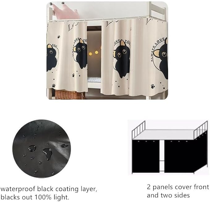 Cute Opaque Bottom Bunk Bed Curtains Privacy Cloth Underbed Curtains for Boys Girls 2 Panels 100% Blackout, Beige Cat