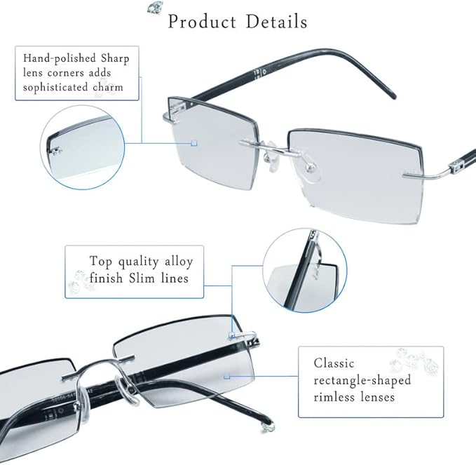 LifeArt Blue Light Blocking Glasses,Computer Reading Glasses,Rimless Frame Tinted Lens with Diamond,Stylish for Men (+3.00 Magnification)