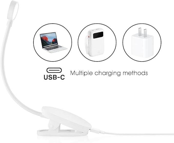 Rechargeable Book Light for Reading in Bed – 14 LED Book Light with 3 Color Temperatures, Stepless Dimming, Up to 80 Hours Runtime, 360° Rotatable Clip – Perfect for Book Lovers, White