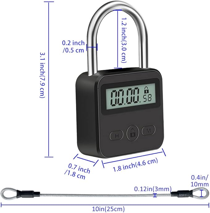 Metal Timer Lock, LCD Display Multi-Function Electronic Time, 99 Hours Max Timing, USB Rechargeable Timer Padlock (Black)