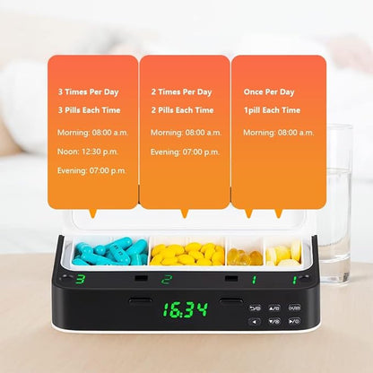 VODESON Weekly (7days) Travel Pill Organizer,Smart Remind Pill Box with Alarm,Medicine Dispenser Portable Travel Pill Case for Vitamins/Fish Oil/Supplements/Pills Home Pill Reminder