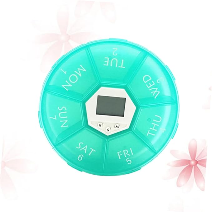 FAVOMOTO Electronic Pill Dispenser with Compartments and Alarm Clock Weekly Medication Organizer Box for Patients See-Through Lids Daily Reminder Portable Emerald Pill Storage Chest