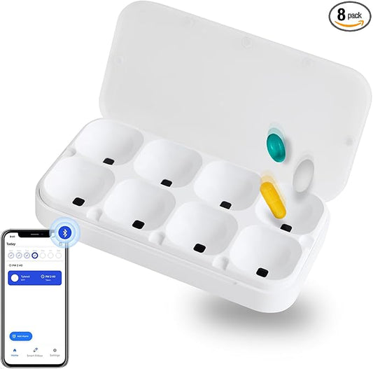 DEFI Smart Pillbox, Large, 8 Slots, Pill Organizer, Portable, Bluetooth, Easy to use, selfcare, with Alarm, Sound & Light, Daily, Compact Medicine Holder for Vitamins, Supplements, Free Reminder app.
