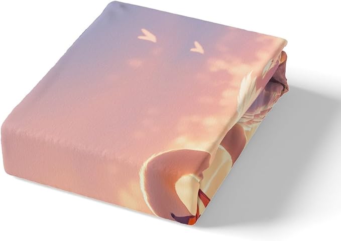 Couple Swan Kids Fitted Sheet Queen Size,Lake House Animals Fishing Cabin Bedding Set,Boys Girls Room Decor,Sunset Rustic Farmhouse Bed Cover,Pink Romantic Bed Sheet,2 Pillowcases