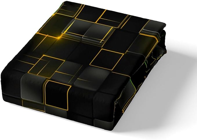 Manfei Yellow and Green Sheet Set Queen Size, Abstract Geometric Grid Bed Sheet Set 4pcs with Deep Pocket Fitted Sheet + Flat Sheet + 2 Pillowcases, Black Square Lattice Bedding Set for Kids Boys Teen