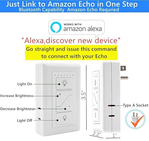 Nexete Smart Dimmer Plug Outlet Switch, Lamp Dimmer Outlet Switch Plug Adapter for Dimmable LED Light Bulbs, Lamps, String Lights, Voice Control,Bluetooth Compatible with Alexa Only (Plug in Dimmer)