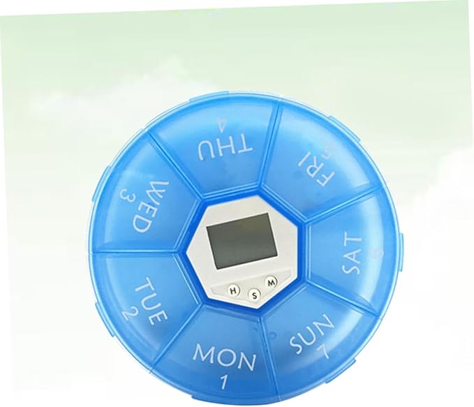 Mikinona Electronic Pill Dispenser with Alarm Clock Weekly Medication Organizer Box for Patients Blue Reminder Case with See-Through Lids for Easy Daily Medicine Management