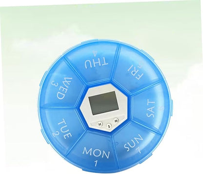 Mikinona Electronic Pill Dispenser with Alarm Clock Weekly Medication Organizer Box for Patients Blue Reminder Case with See-Through Lids for Easy Daily Medicine Management