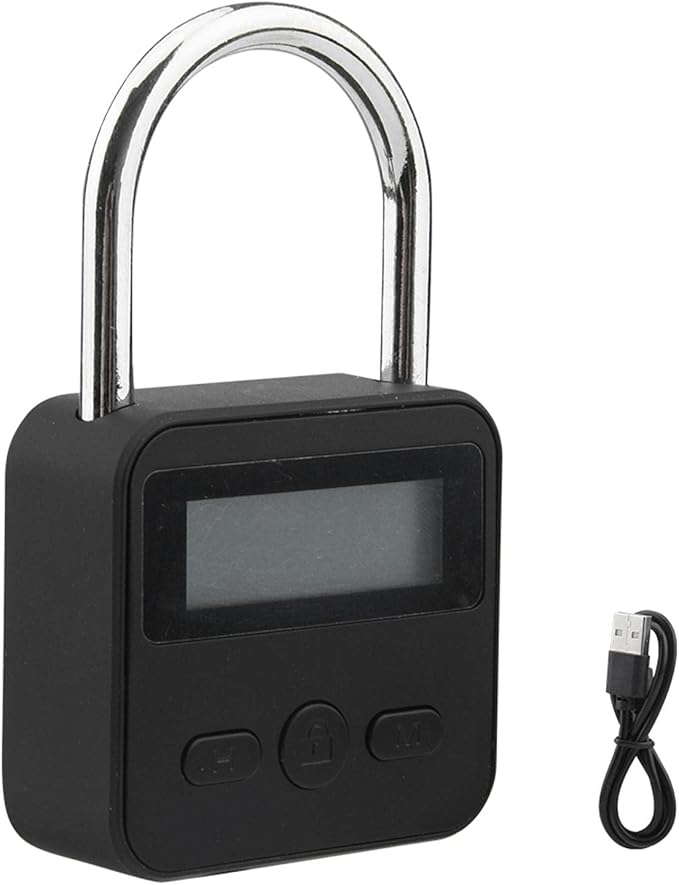Metal Timer Lock with LCD Display, Multi-Function Electronic Lock, 99 Hour Max Timing, USB Rechargeable Timer Padlock (Black)