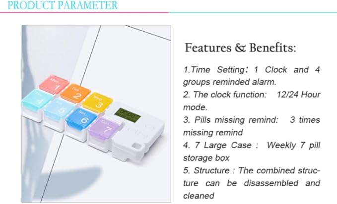 Automatic Pill Dispenser with Built-in Digital Clock & Reminder System Portable 7-Compartment Medicine Organizer with Flexible Design (Red, 7Compartments)