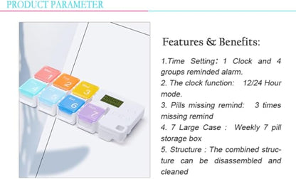 Automatic Pill Dispenser with Built-in Digital Clock & Reminder System Portable 7-Compartment Medicine Organizer with Flexible Design (Blue, 7Compartments)