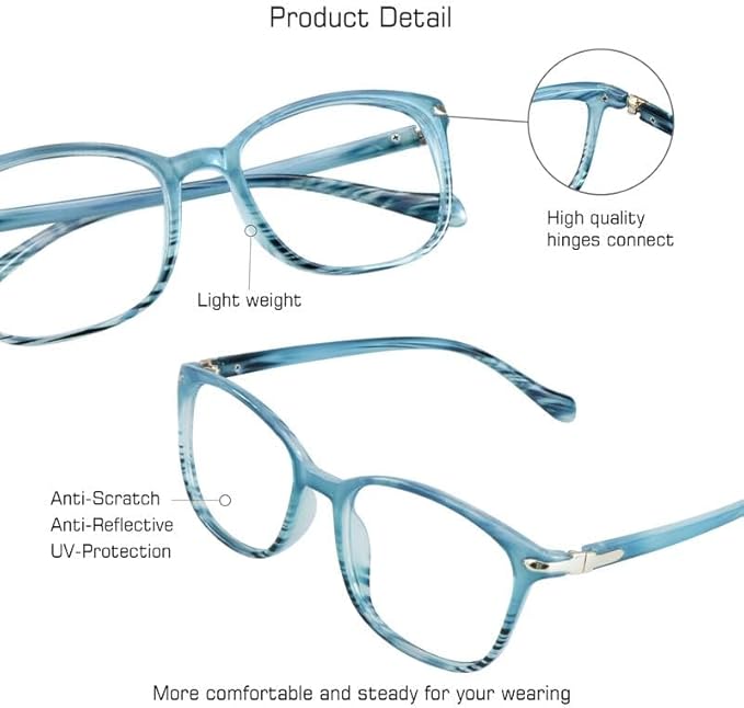 VisionGlobal Blue Light Blocking Glasses for Women, Anti Eyestrain, Computer Reading, TV Glasses, Stylish Square Frame, Anti Glare(Slate Blue,+4.50 Magnification)