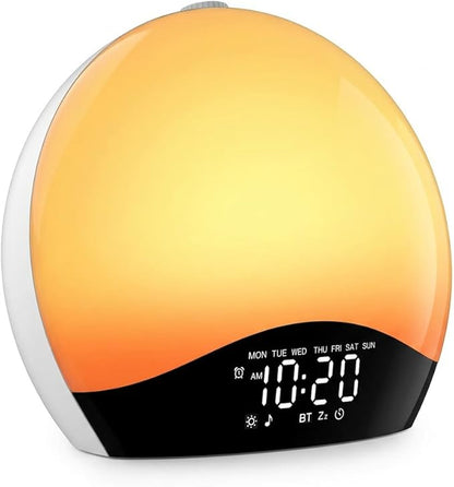 Wake Up Light Sunrise Alarm Clock for Kids, Heavy Sleepers, Bedroom, White Noise Sound Machine with 5W Stereo Bluetooth Speaker, 25 Natural Sounds, Dual Alarms, 17 Color Night Lights, Ideal for Gift
