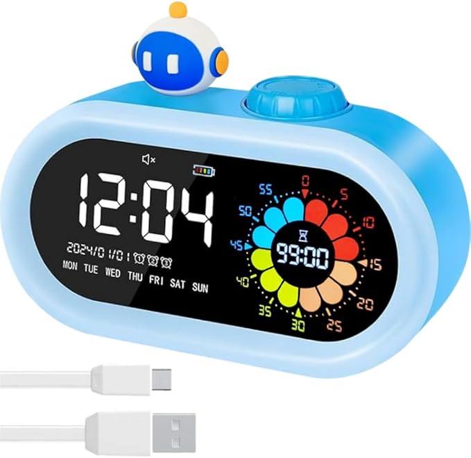 Digital Alarm Clock for Kids: Battery Operated Cordless 2000mah Rechargeable with Timer Countdown for Bedroom Desk Study Classroom (Blue)