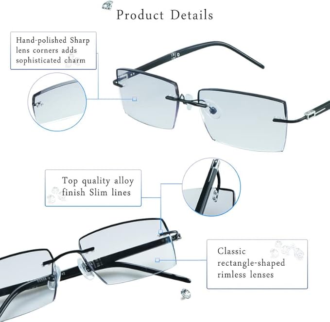 LifeArt Blue Light Blocking Glasses,Computer Reading Glasses,Rimless Frame Tinted Lens with Diamond,Stylish for Men (+3.00 Magnification)