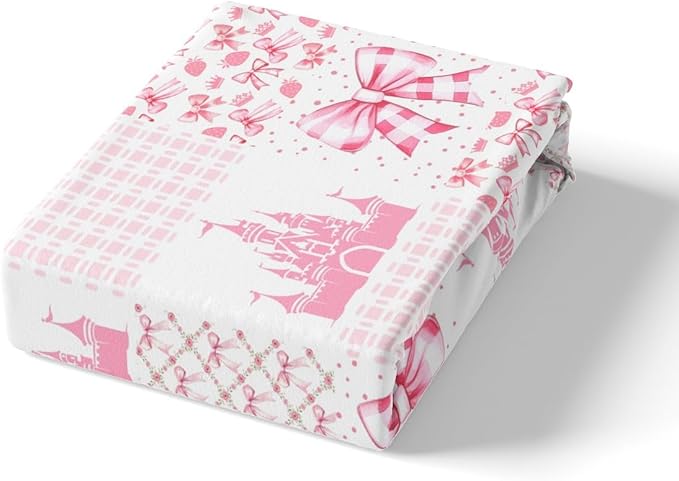 Princess Castle Bedding Set Full Size,Dreamy Bow-tie Bowknot Fairy Tale Kawaii Fitted Sheet,Pink White Geometric Plaids Patchwork Sheet Set for Kids Teens Adults Bedroom Decor,2 Pillowcases