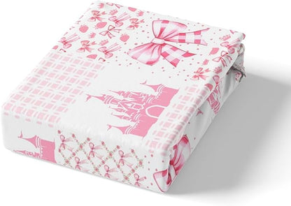 Princess Castle Fitted Sheet Twin Size,Dreamy Bow-tie Bowknot Fairy Tale Kawaii Bed Sheet with 1 Pillowcase,Pink White Geometric Plaids Patchwork Soft Decorative Fabric Bedding,Room Gift